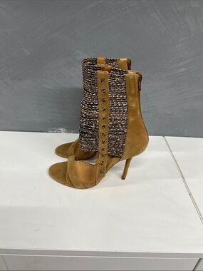 Women's Tan Suede Open-Toe High Heel Ankle Boots with Knit Shaft
